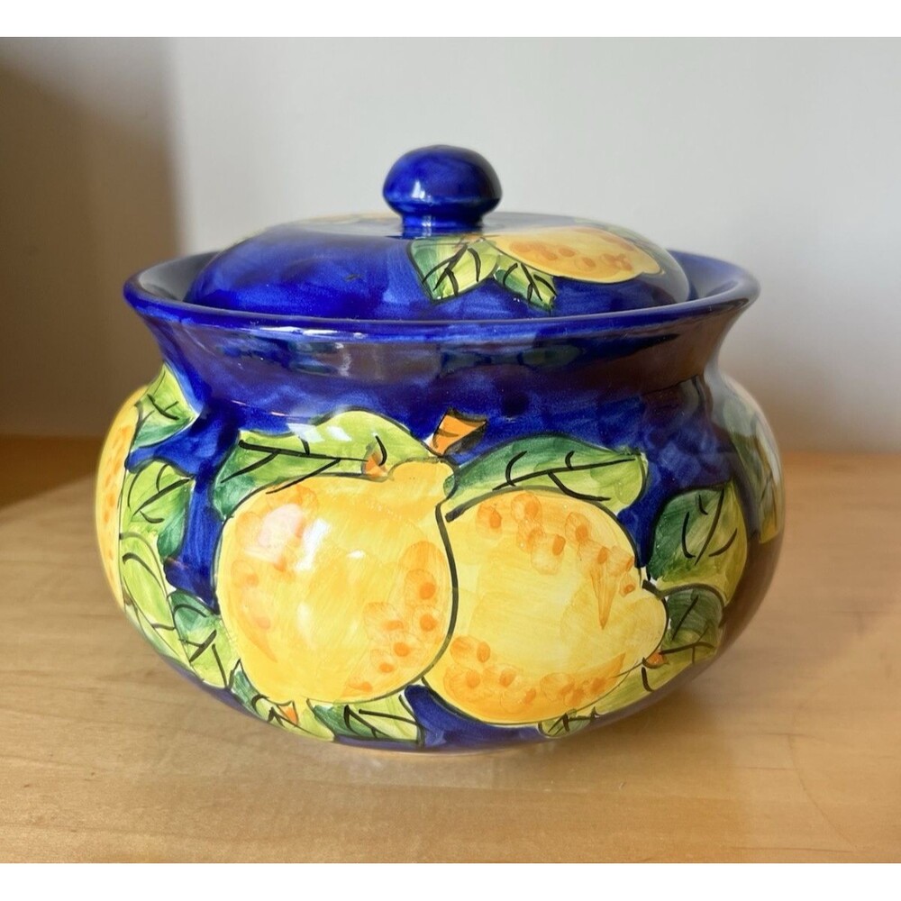 Vintage Ceramic Italian Hand-painted Biscotti Jar Blue & Yellow Lemons Cookie - Picture 2 of 7